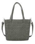 Gray polyester tote bag with adjustable/detachable long straps as well as short tote straps