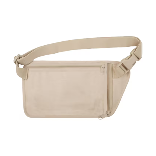 Tan Travelon waist pouch with zippers