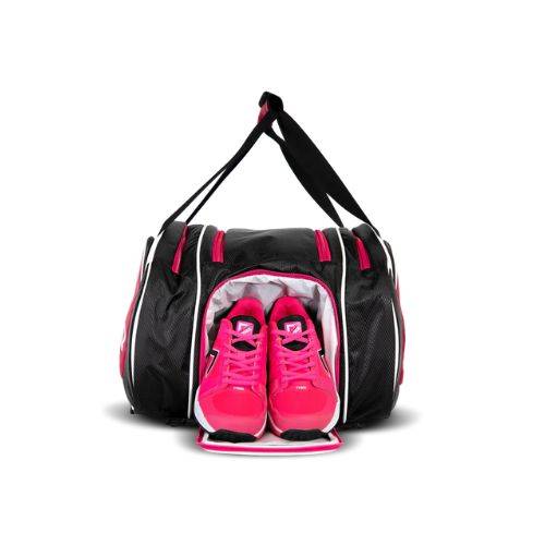 A black and pink sports bag with multiple compartments, featuring pink shoes in the front.