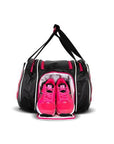 A black and pink sports bag with multiple compartments, featuring pink shoes in the front.