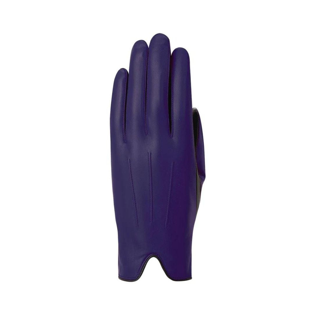 An Auclair purple leather glove with V shaped cutout at cuff. 