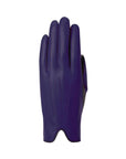 An Auclair purple leather glove with V shaped cutout at cuff. 