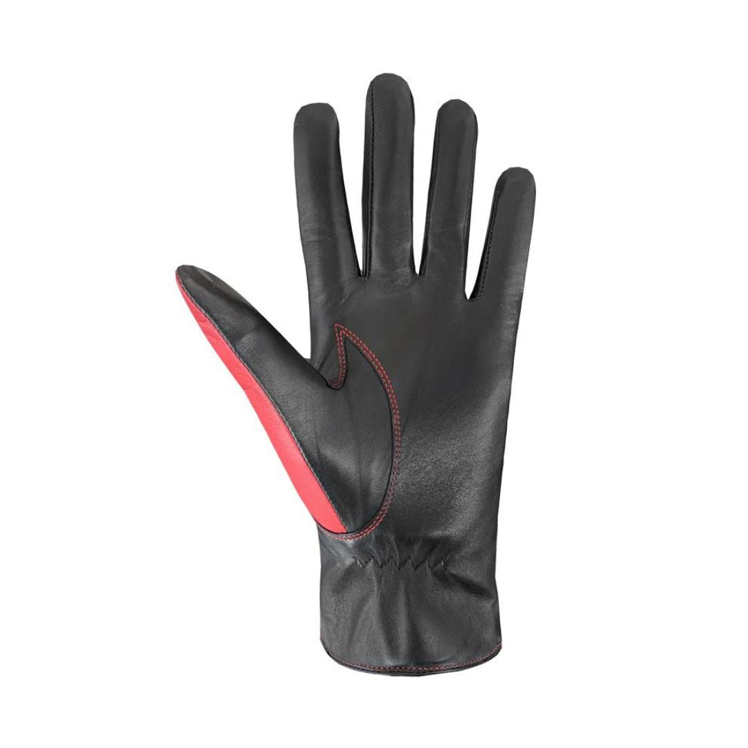 An Auclair Faith leather glove with the palm black leather with red stitching. 