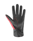 An Auclair Faith leather glove with the palm black leather with red stitching. 