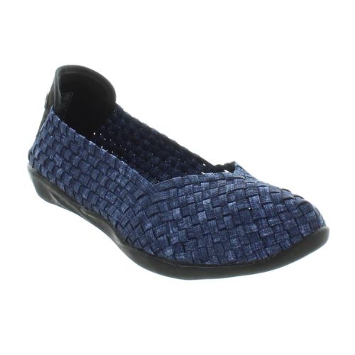 Bernie Mev blue jeans Catwalk ballet flat with a woven elastic upper and black outsole. 