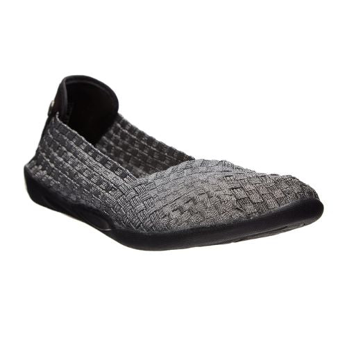 Bernie Mev pewter Catwalk ballet flat with a woven elastic upper and black outsole. 