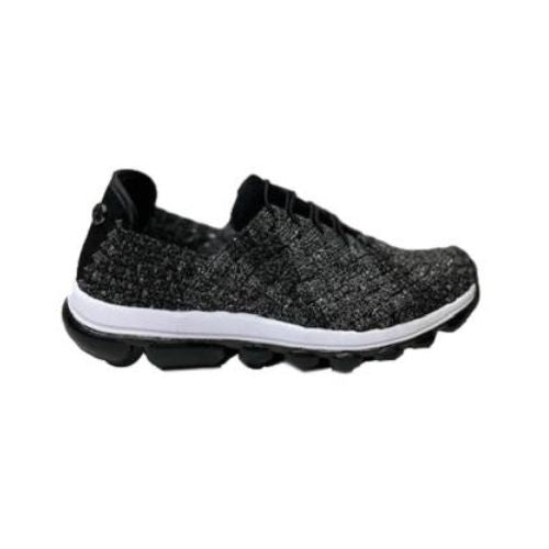 A Bernie Mev black wash woven sneaker with elastic laces, white midsole wrap and clear thick rubber outsole