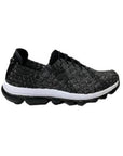 A Bernie Mev black wash woven sneaker with elastic laces, white midsole wrap and clear thick rubber outsole