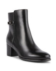 A black leather ankle boot with a square heel measuring approximately 2 inches. 