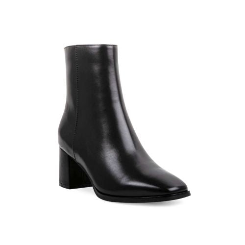 Black leather ankle boot with block heel.