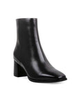 Black leather ankle boot with block heel.