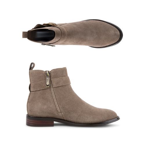 Top and profile view of the Lizzy ankle boot in taupe.
