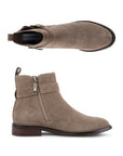 Top and profile view of the Lizzy ankle boot in taupe.