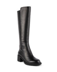 A tall black leather boot with a square heel and subtle platform outsole. 