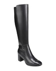 Knee height black leather boots with a block heel measuring about 2.5 inches. 