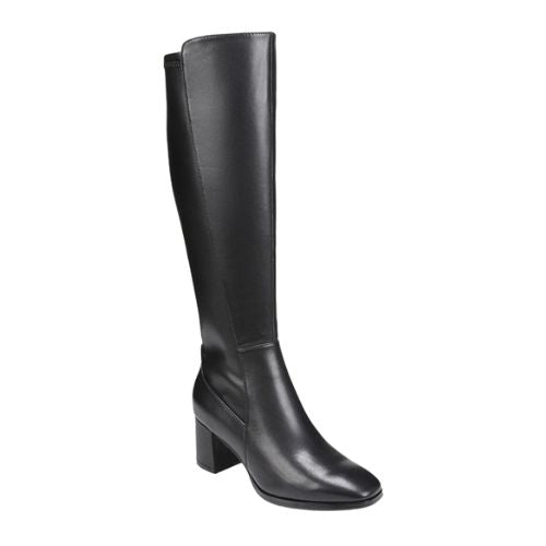 Knee height black leather boots with a block heel measuring about 2.5 inches. 