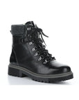 Axel ankle boot in black. Black leather uppers, lace closure, black felt cuff, and black outsole. 