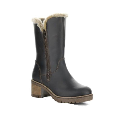 Match mid height boot in brown. Dark brown leather upper, beige faux fur trim, bronze zipper closure, and brown outsole with 2.5 inch block heel. 