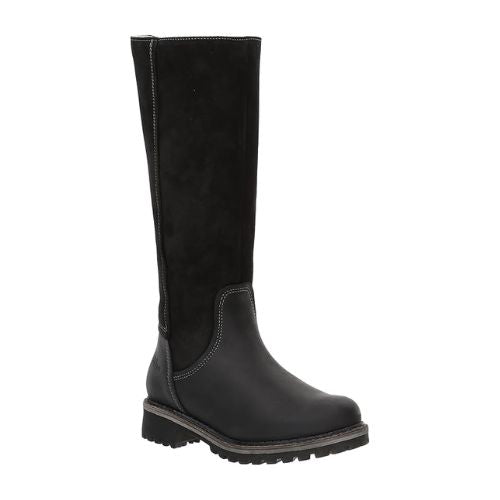 Hudson knee height boot in black. Black leather and suede upper with a black outsole. 