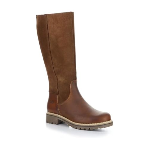 Hudson knee height boot in cognac. Tan brown leather and suede upper with brown outsole. 