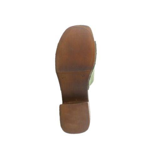 Bottom view of marly heeled slide sandal showing brown outsole minimum tred