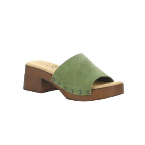 Marly slide sandal with green suede leather upper and brown block heel outsole. Tan footbed with brand logo detailing. Upper is attached to outsole with six silver rivets 