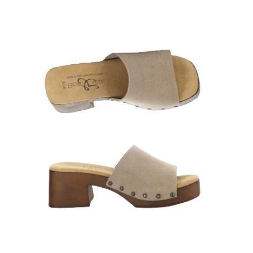 Profile and top view of Marly slide sandal with grey suede leather upper and brown block heel outsole. Tan footbed with brand logo detailing. Upper is attached to outsole with six silver rivets 