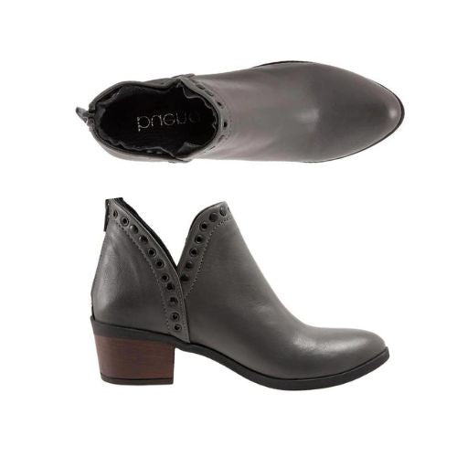 Top and profile view of Cora ankle boot in grey. Black leather insole is visible.