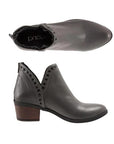 Top and profile view of Cora ankle boot in grey. Black leather insole is visible.