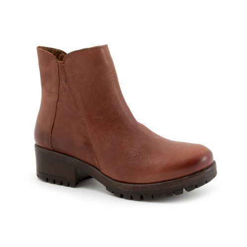 Brown leather ankle boot with lugged outsole and slight block heel. 