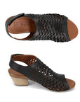 Profile and top view of Lacey sandal in black. The block heel is angled inwards. 