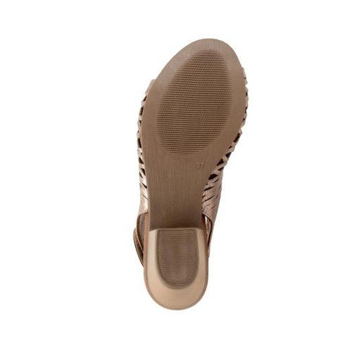 Brown outsole of Lacey sandal in taupe metallic. Textured slightly for grip. 