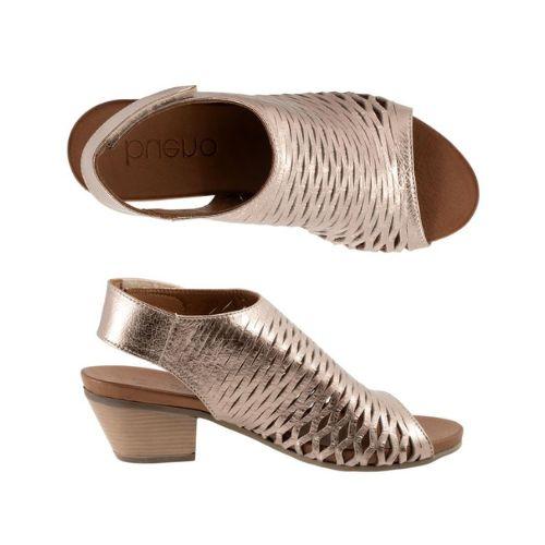 Top and profile view of Lacey sandal in taupe metallic. The block heel is slightly angled inwards.