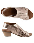 Top and profile view of Lacey sandal in taupe metallic. The block heel is slightly angled inwards.