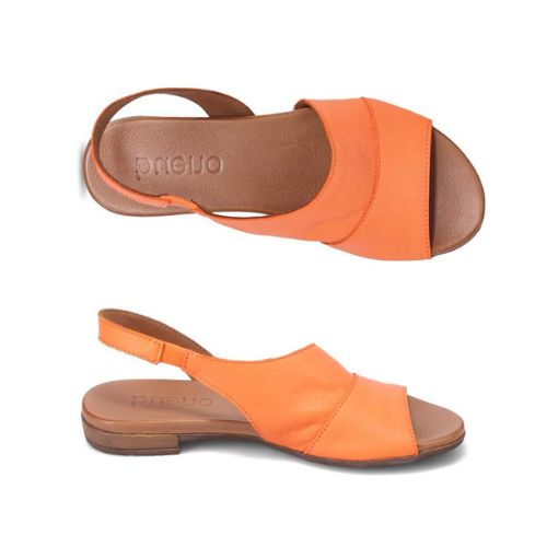 Top and profile view of Tansing sandal in apricot. Displays asymmetric cut. 