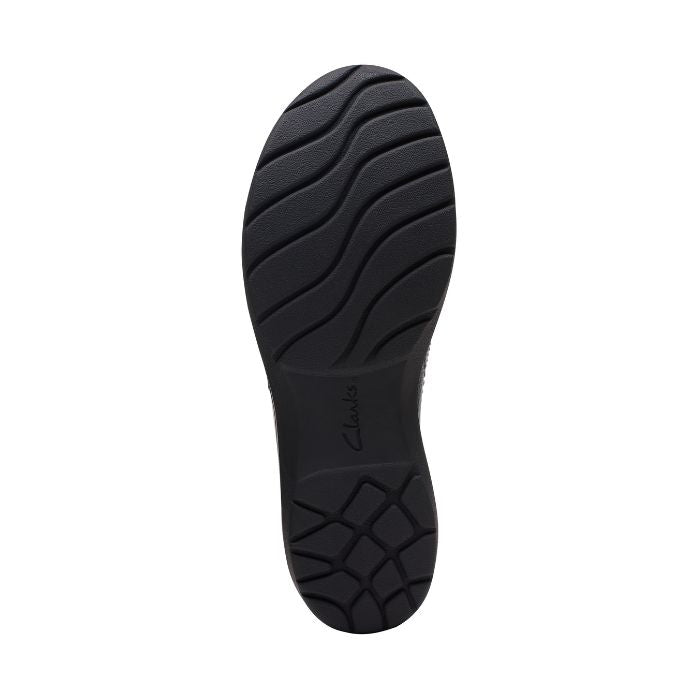 Outsole of Carleigh Ray in black. Textured black outsole with Clarks logo. 