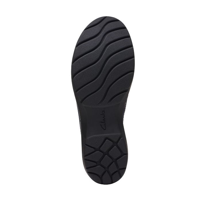 Outsole of Carleigh Ray in navy. Black rubber with Clarks logo. 