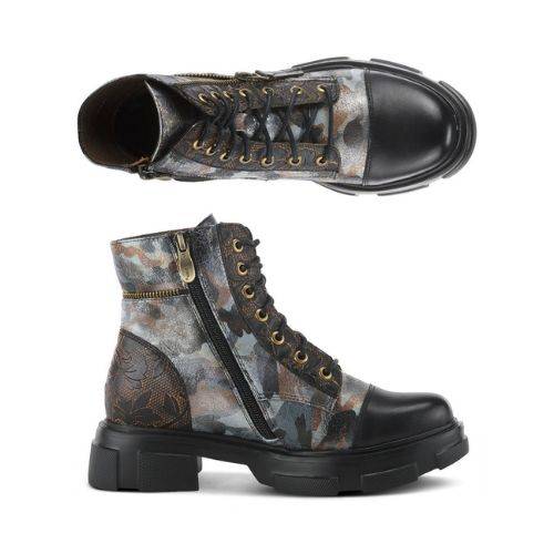 Top and side views of L'Artiste combat Boot in gray camouflage with intricate details and lightweight platform sole.