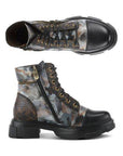 Top and side views of L'Artiste combat Boot in gray camouflage with intricate details and lightweight platform sole.