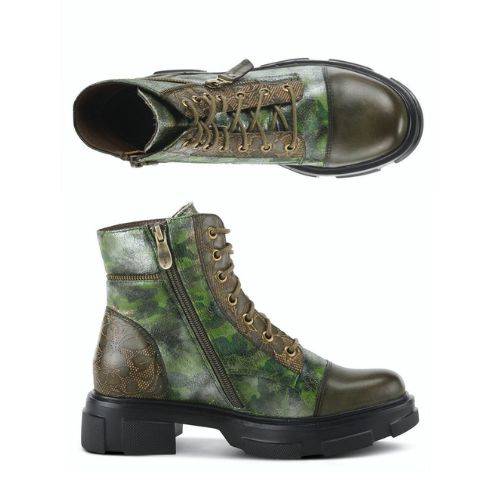 Top and side views of L'Artiste combat Boot in green camouflage with intricate details and lightweight platform sole.