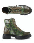 Top and side views of L'Artiste combat Boot in green camouflage with intricate details and lightweight platform sole.