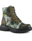 L'Artiste Carnelian Combat Boot in green camouflage with hand-painted leather uppers, lace-up front, and rugged platform outsole.