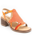 Multicoloured orange leather sandal with brown footbed and outsole. Featuring an ankle strap fitted with a silver buckle, and a stacked block heel.