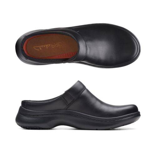 Top and profile view of ClarksPro clog in black. Insole is brown.