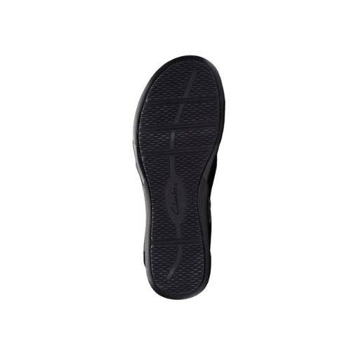 Outsole of Kitly Ave sandal in black. Black textured rubber with Clarks logo.