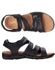 Top and profile view of Kitly Ave sandal in black. Footbed is beige with Clarks branding. Outsole is black.