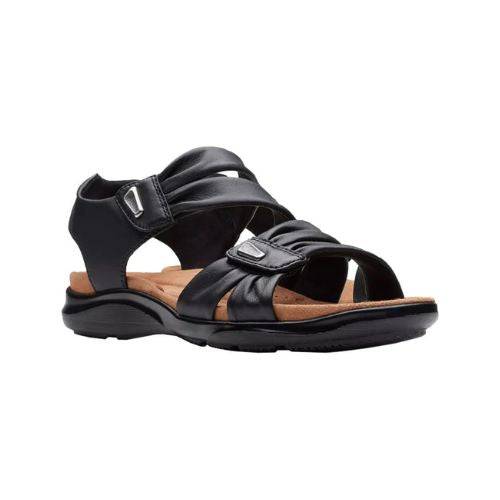 Kitly Ave sandal in black. Black leather upper with two adjustable velcro straps featuring small silver embellishments. 