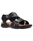 Kitly Ave sandal in black. Black leather upper with two adjustable velcro straps featuring small silver embellishments. 