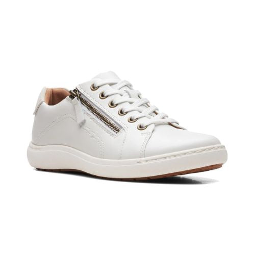 White sneaker with lace and side zipper closure.