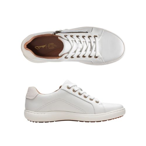 Top and side view of Clarks white sneaker with lace and side zipper closure.